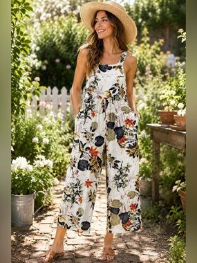Boho Tropical Floral Wide Leg Jumpsuit Small  Garden Party Cottagecore Romper